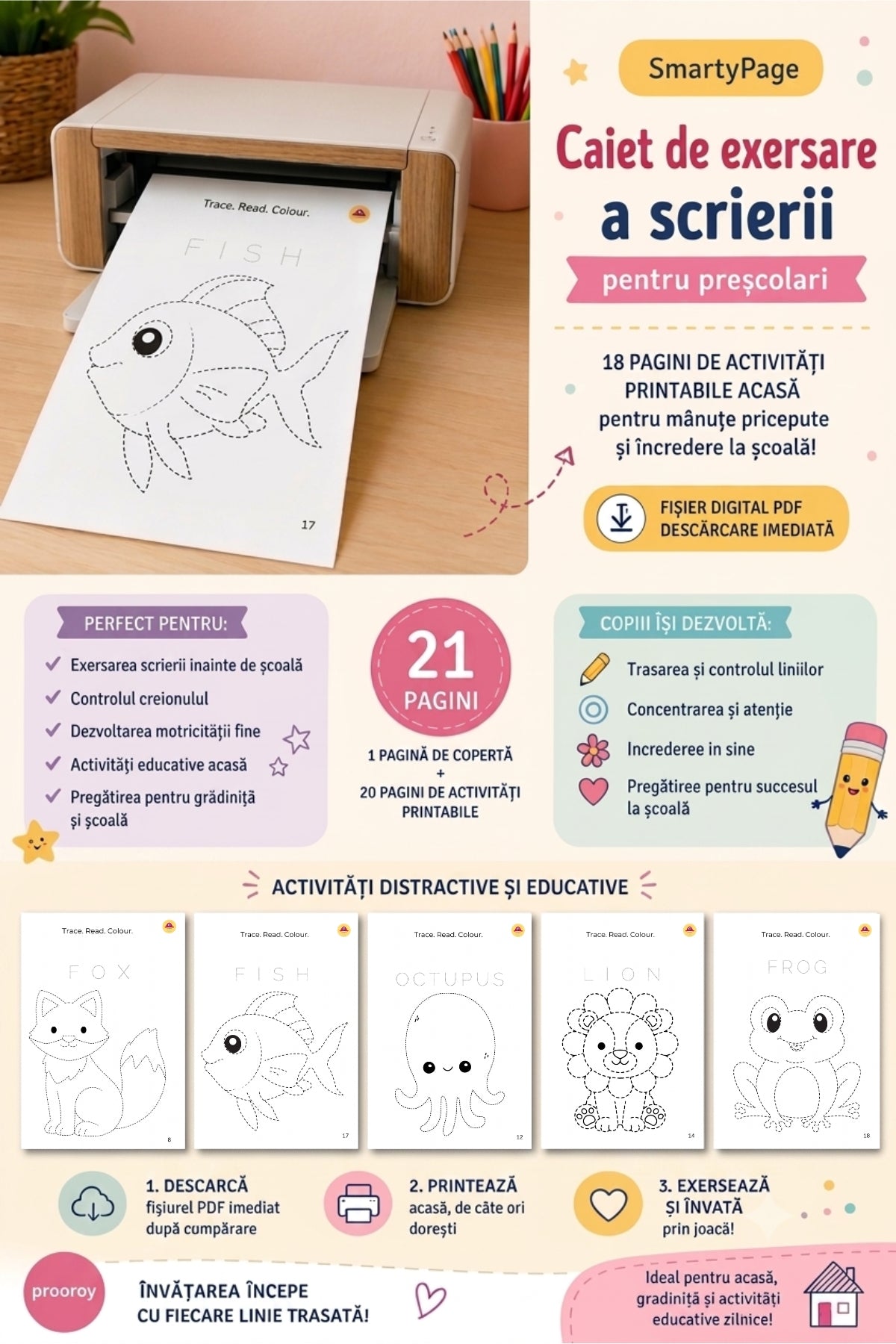 De la Mâzgălituri la Primele Litere-Caiet Digital de Scriere cu Animale pentru Preșcolari Preschool Writing Practice
